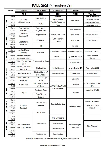 Fall 2023 TV Primetime Grid Schedule